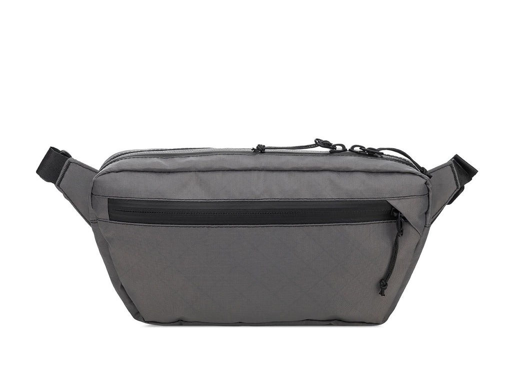 Gray waist bag with black accents on a white background