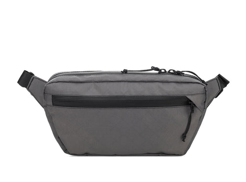 Gray waist bag with black accents on a white background