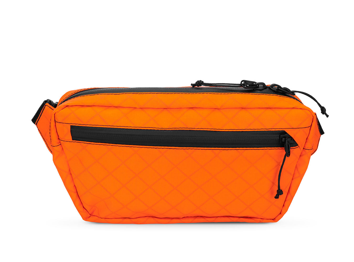 Orange waist bag with black zippers on a white background