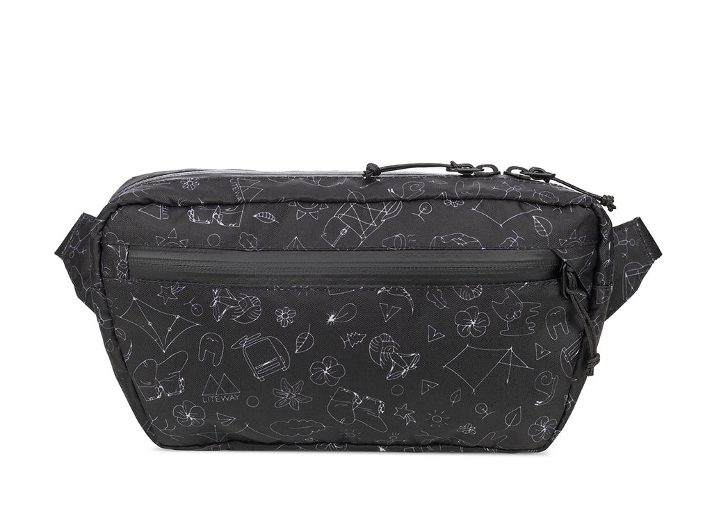 Black bag with geometric pattern on a white background