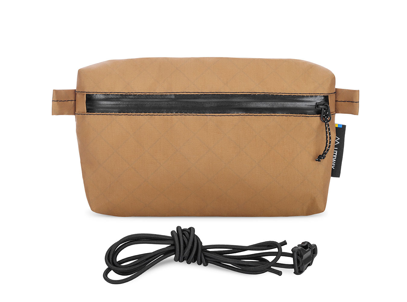 Brown pouch with black zipper and cord on a white background