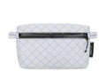 White quilted bag with a black zipper on a white background