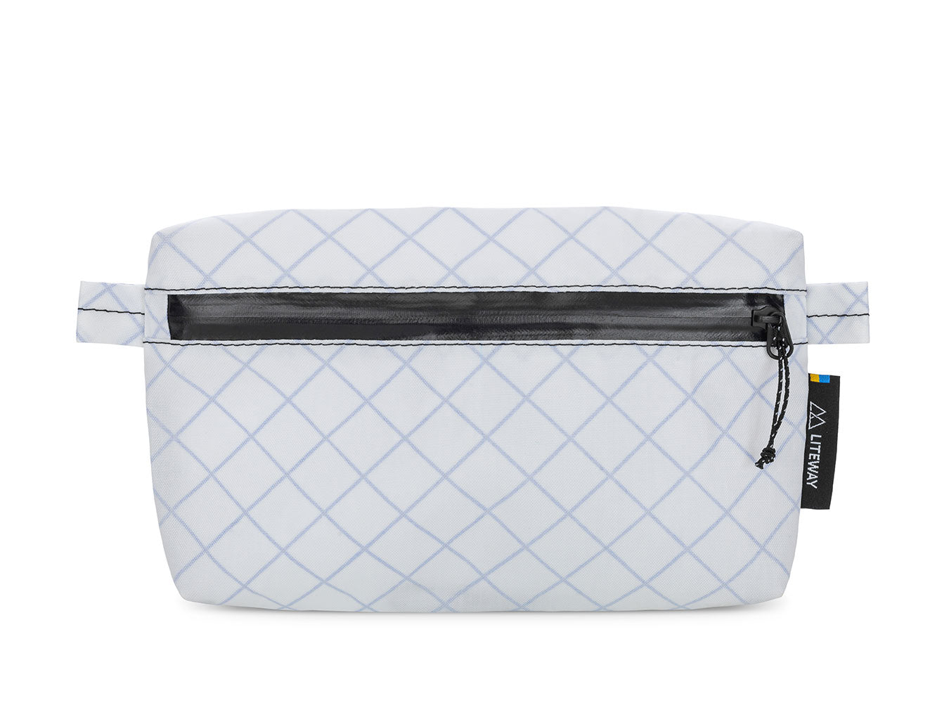 White quilted bag with a black zipper on a white background