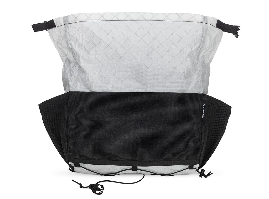 Backpack with black front panel and quilted pattern on a white background