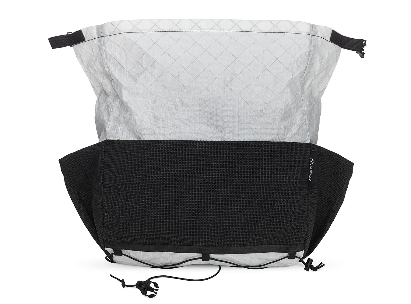 Backpack with black front panel and quilted pattern on a white background