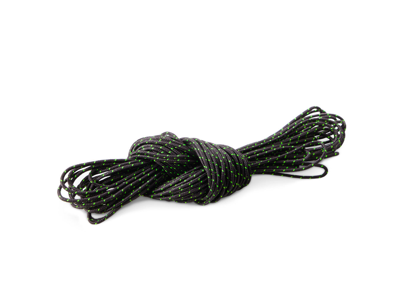 Coiled black rope with green specks on a white background