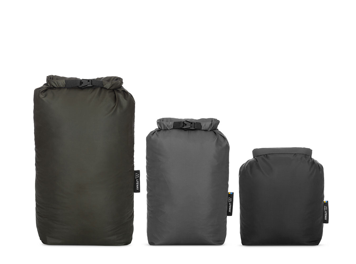 Three sizes of black dry bags on a white background