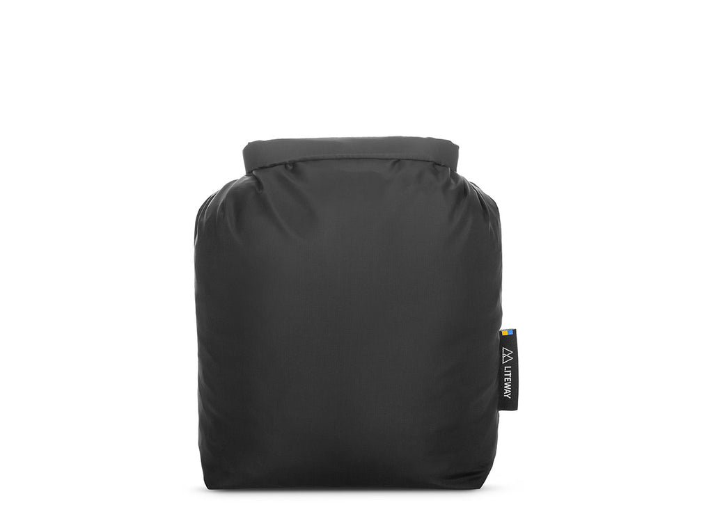 Black backpack with a visible brand logo on a white background