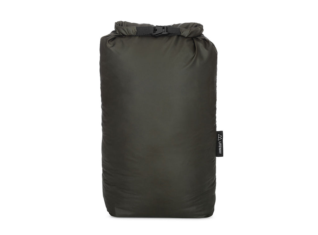 Green dry bag with a brand label on a white background