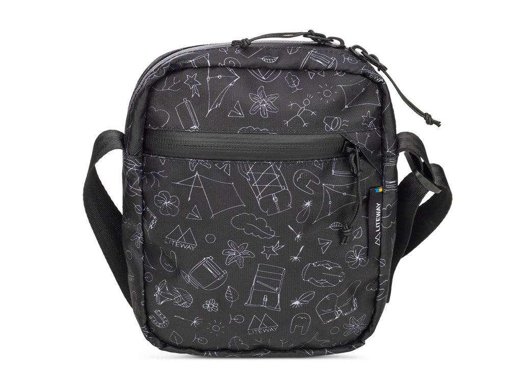 Black crossbody bag with white geometric patterns on a white background