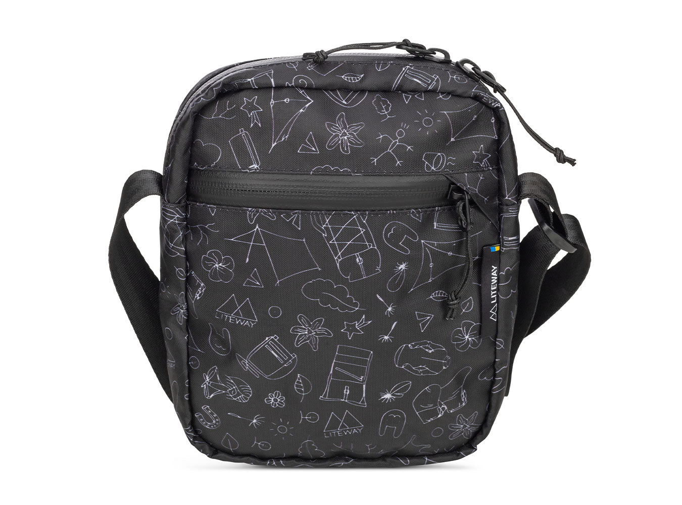 Black crossbody bag with white geometric patterns on a white background