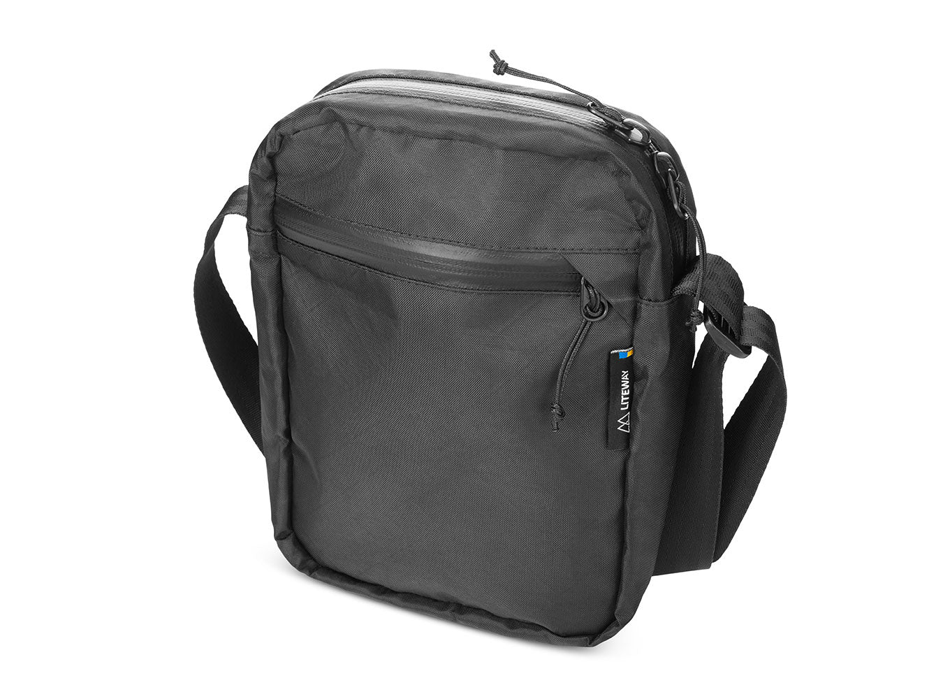 Black shoulder bag with a visible brand logo on a white background