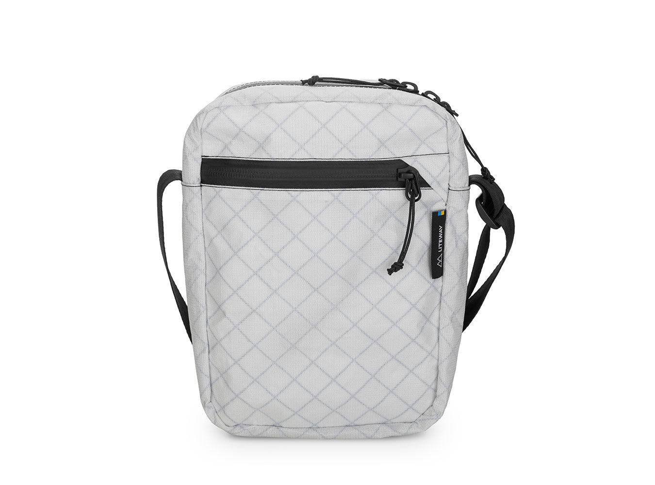 Quilted gray crossbody bag with black accents on a white background