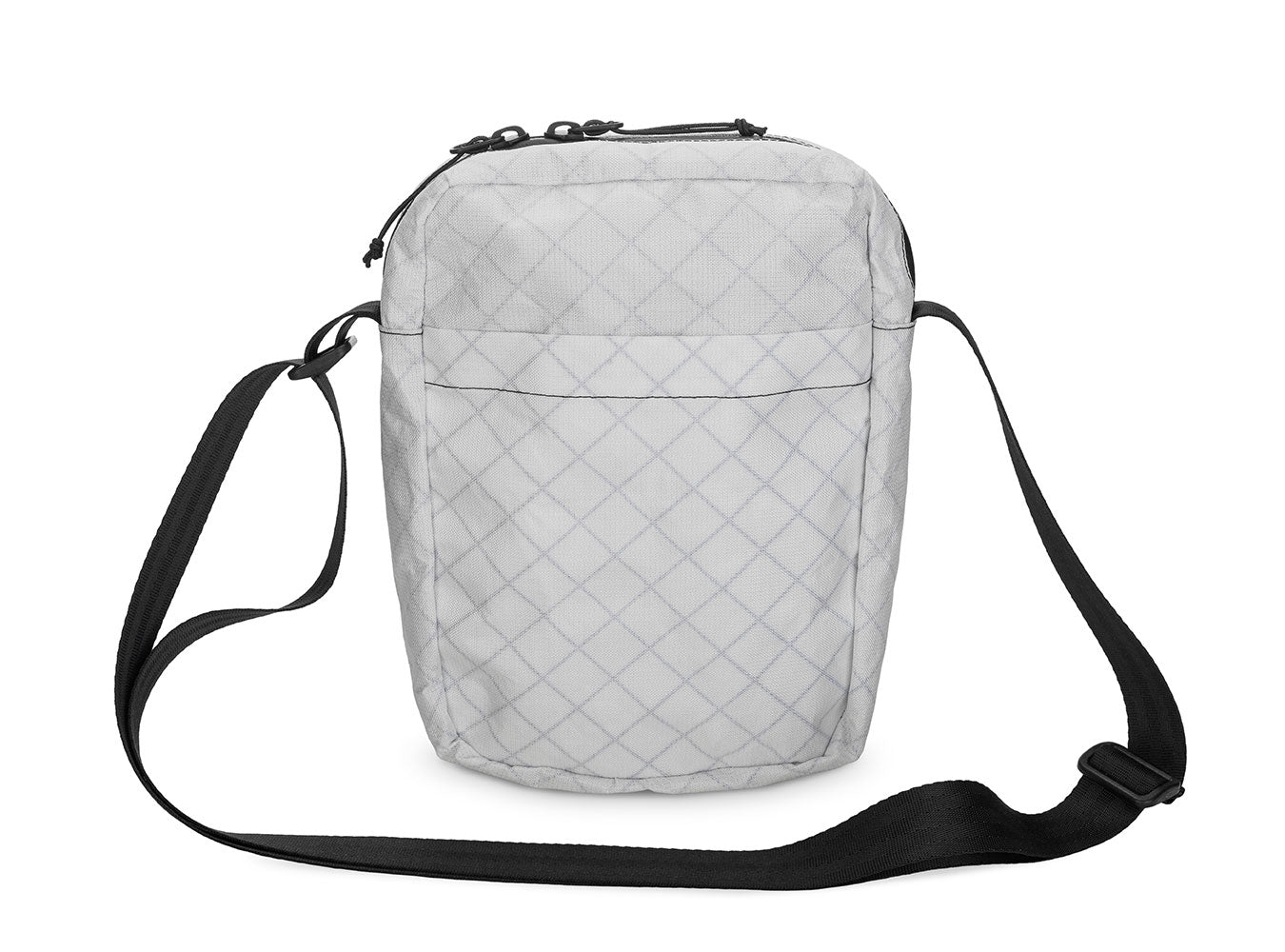 Quilted gray crossbody bag on a white background