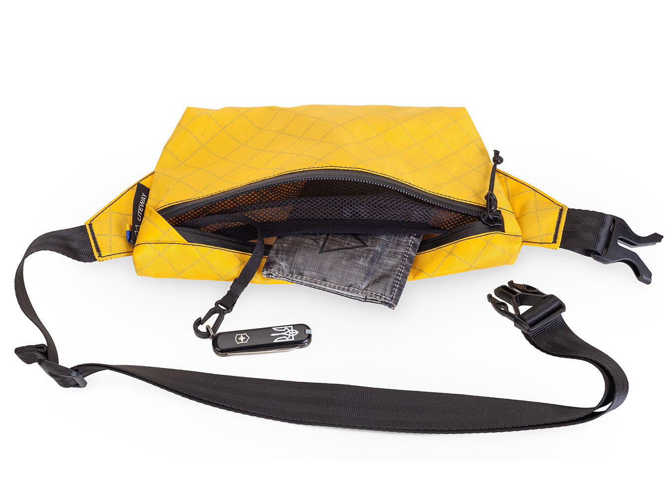 Yellow waist bag with black strap on a white background