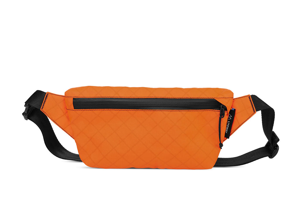 Orange waist bag with black strap on a white background