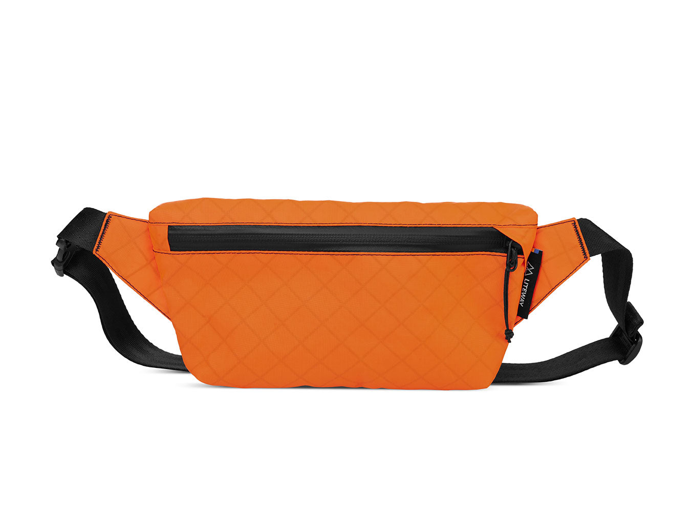 Orange waist bag with black strap on a white background