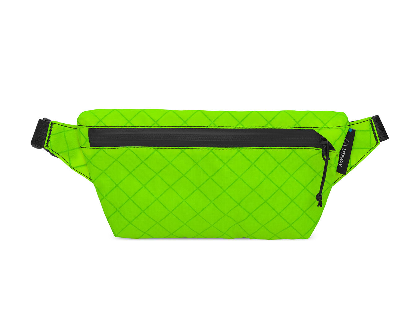 Neon green waist bag with black zipper on a white background