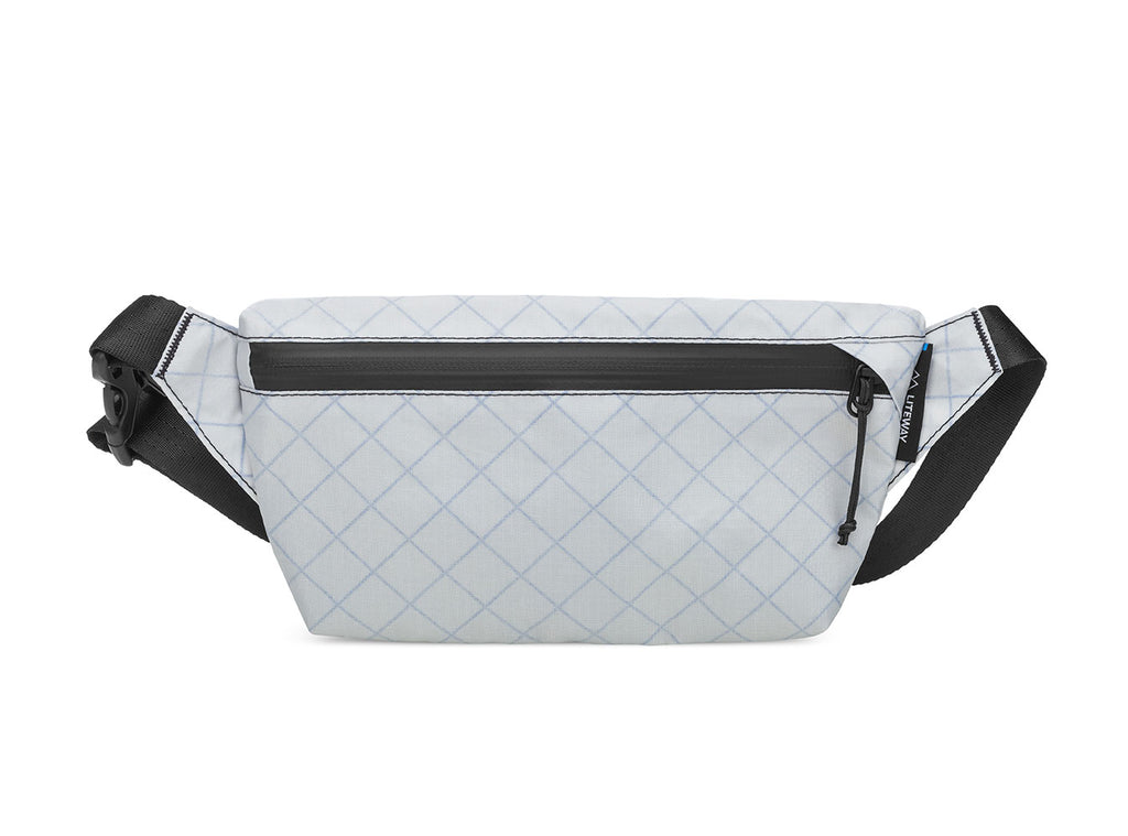 Light gray waist bag with black accents on a white background