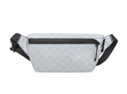 Light gray waist bag with black accents on a white background