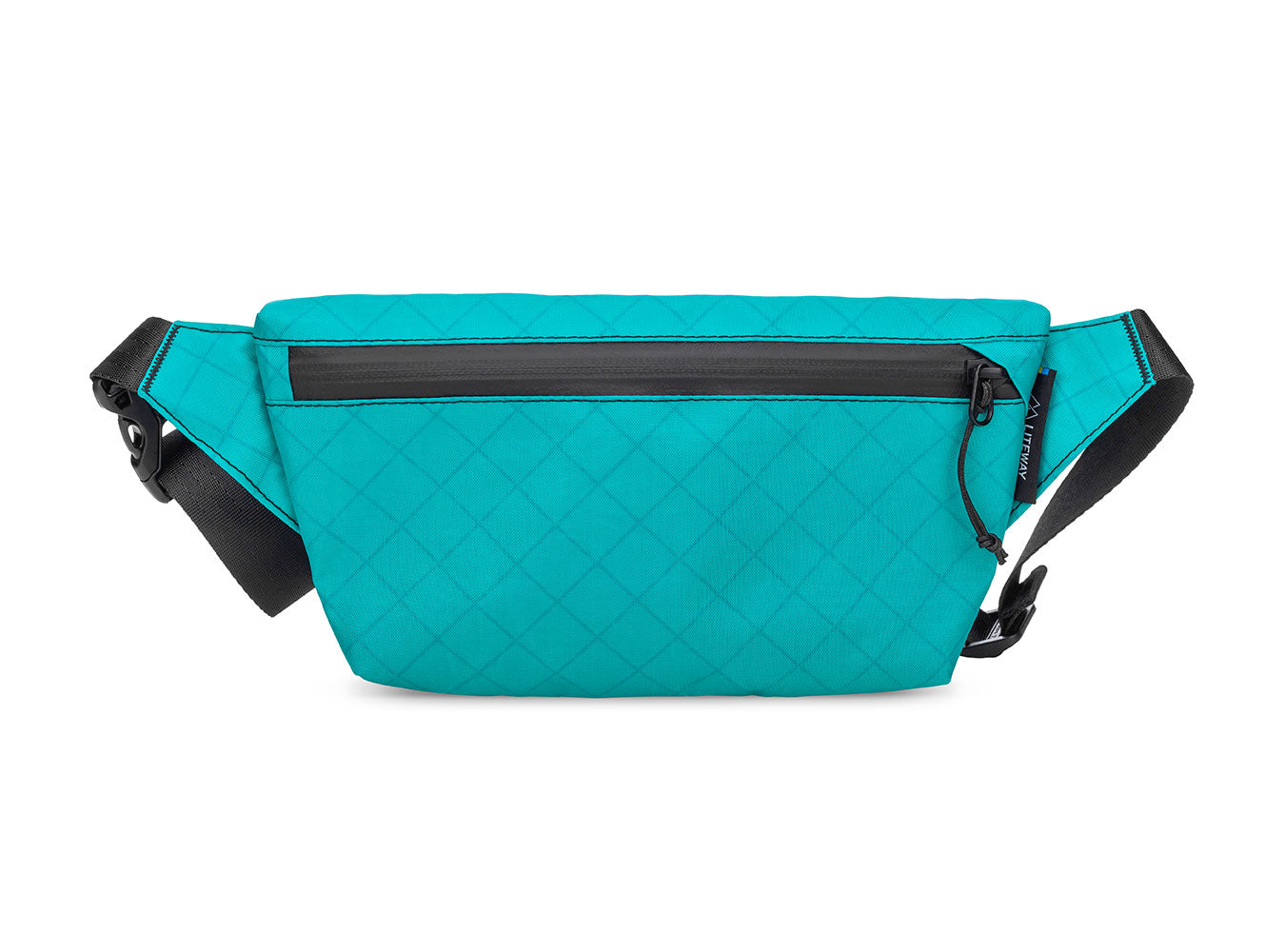 Turquoise waist bag with black zippers on a white background
