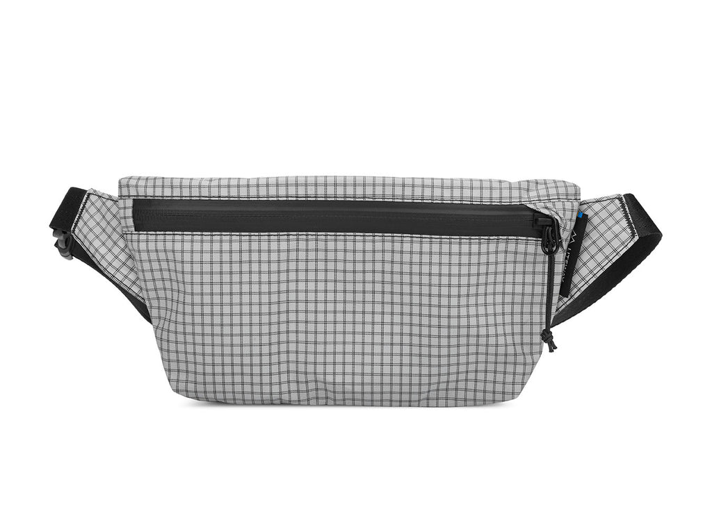 Grid-patterned waist bag with black accents on a white background
