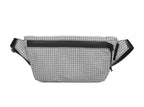 Grid-patterned waist bag with black accents on a white background