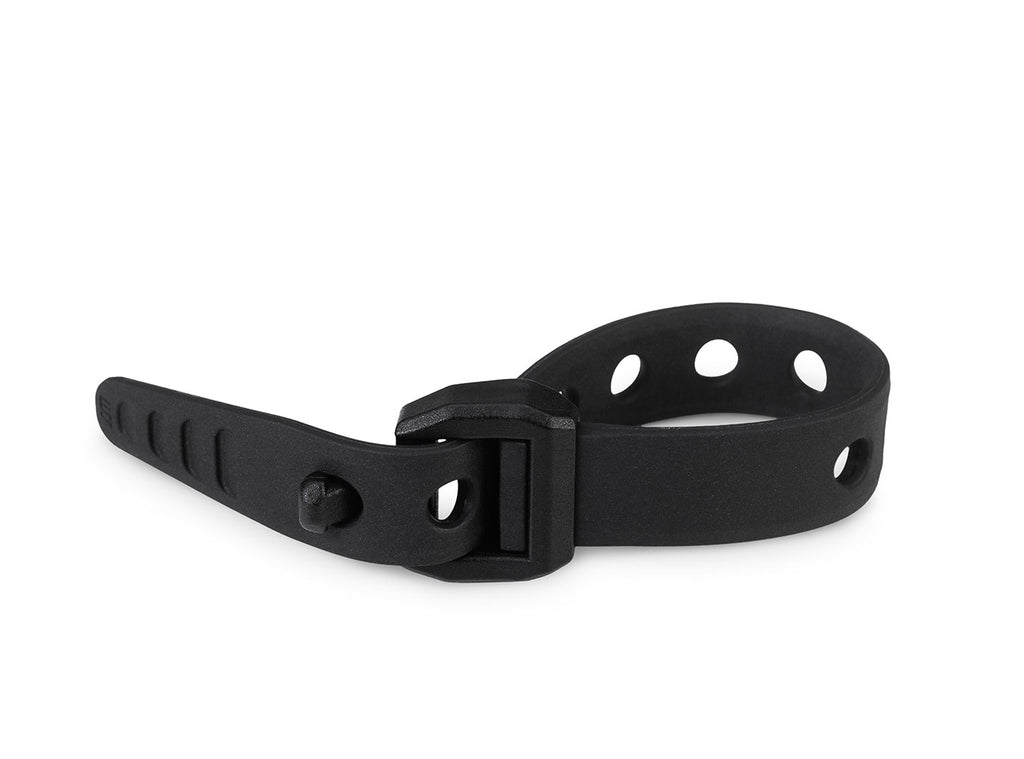Black plastic strap with buckle on a white background