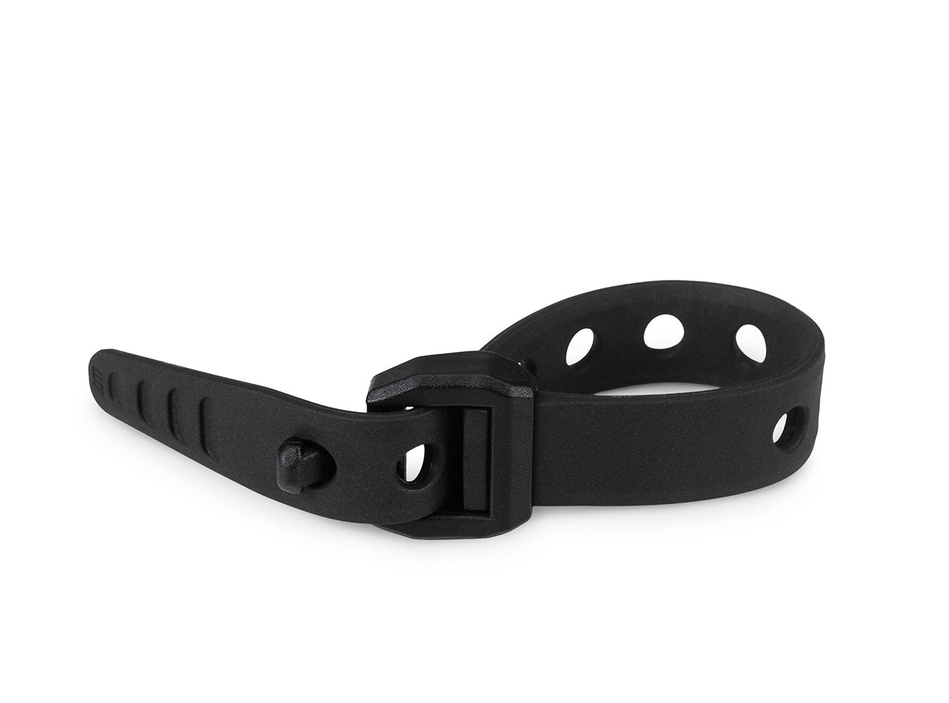 Black plastic strap with buckle on a white background