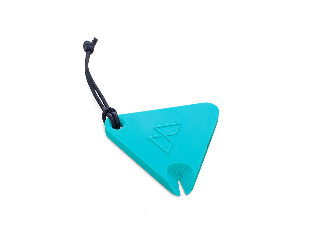 Turquoise triangular WHISTLE with a black cord on a white background