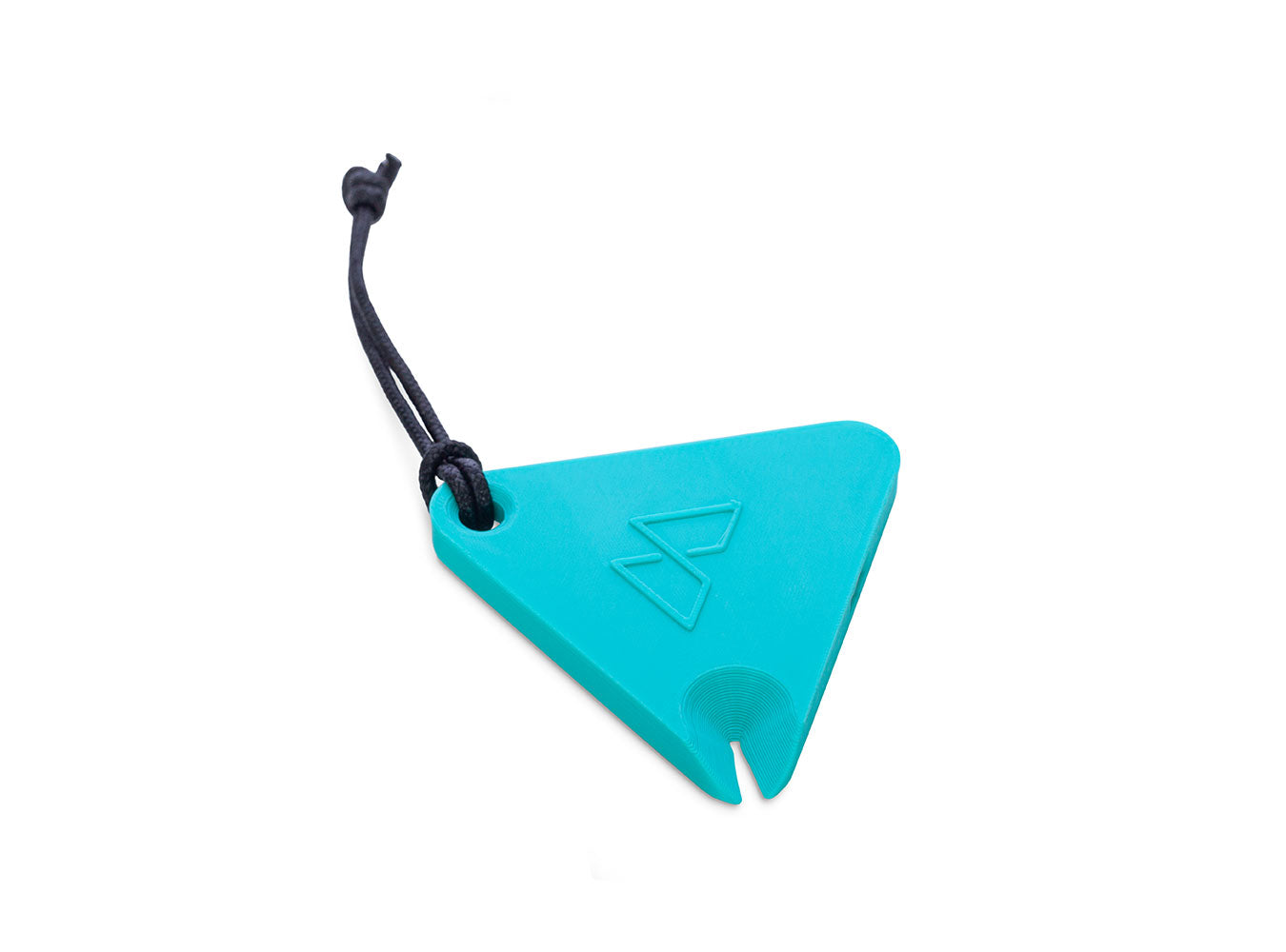 Turquoise triangular WHISTLE with a black cord on a white background