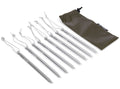 Set of metal tent stakes with a brown drawstring bag on a white background