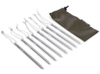 Set of metal tent stakes with a brown drawstring bag on a white background